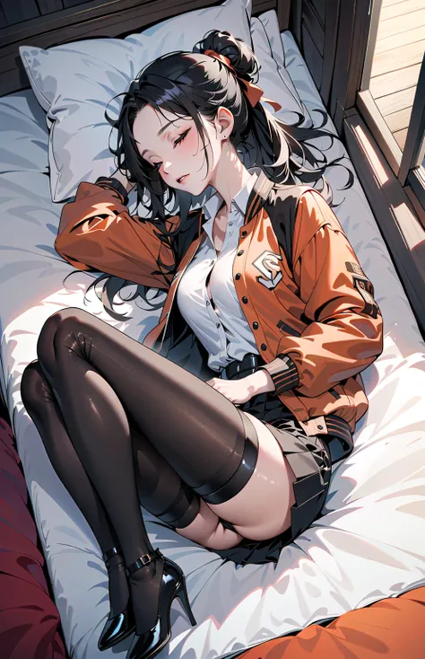 from above, pretty young girl, lying down on futon, at red carpet room, her head on futon, turning face up, (closed eyes), BREAK, {forehead, black medium hair, lhalf updo, single bun)}, BREAK, ( (orange and black letterman jacket, open jacket), (white coll...