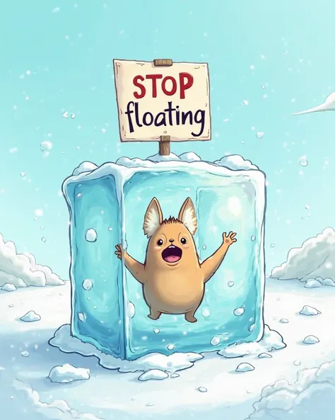 "The cartoon character is stuck in an ice cube with a sign 'Stop floating on top. 