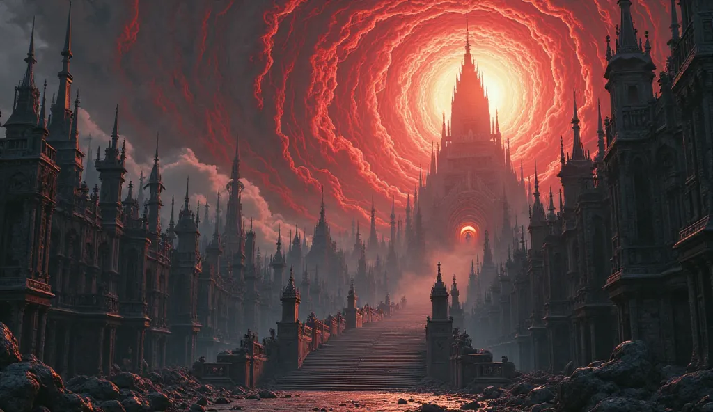 City Swallowed by Black Vortex、Infinite Stairs、Red and Black Burning Skies、Huge Temple Sinking into Darkness