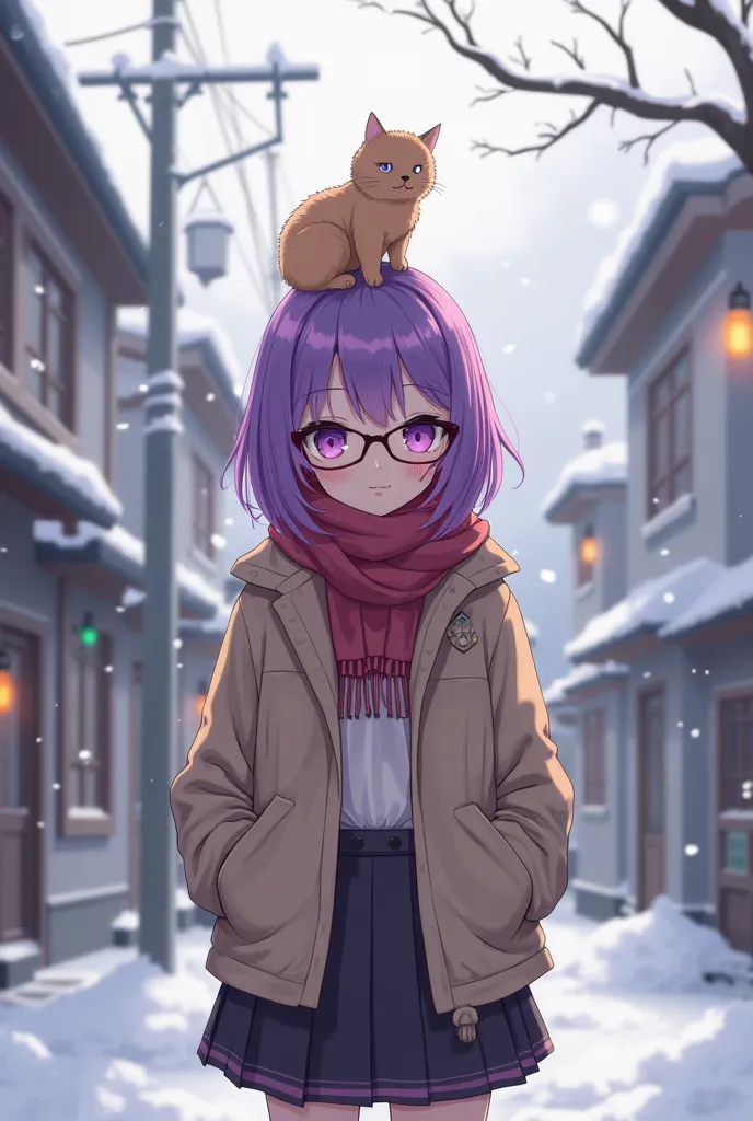 A girl with purple hair with purple and pink eyes wears glasses with a brown cat on top and wears Korean winter school clothes at the age of 17