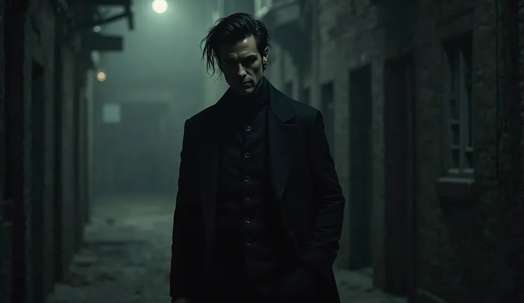 A figure in a black long coat, dark tousled hair falling naturally, sharp and expressive facial features. His cold eyes seem to hold a quiet sorrow and wisdom beyond time. He stands alone in a dark, foggy alley at night, the dim light highlighting his myst...