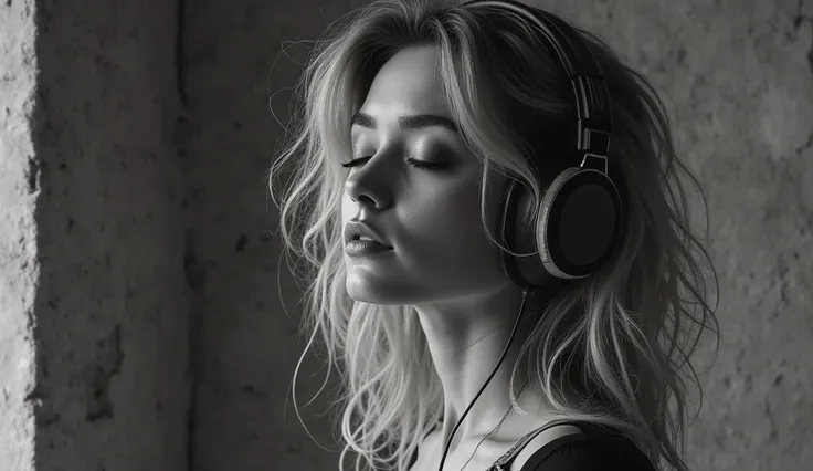  ultra-realistic black-and-white portrait 、A very beautiful woman with blond hair is standing with her eyes closed and headphones in her ears、An oblique view of a woman's face 、 textured concrete background gently illuminated by diffused light 、 textured c...