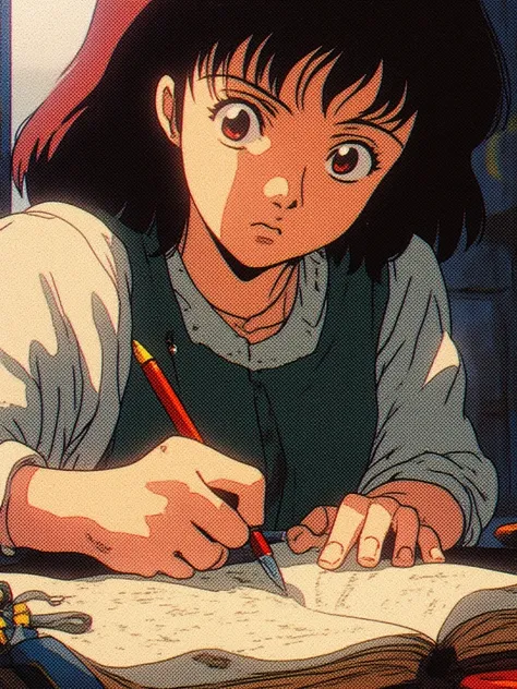 Create 90s retro anime-style image, Close-up of 1girls hand writing in her notebook, her handwriting small and precise.