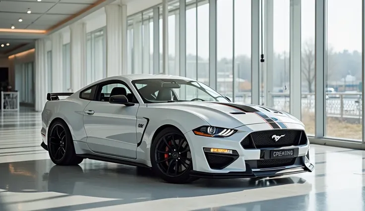 2025 (Ford Shelby Mustang open  the door top down) in ( white)colour standing in showroom The side View