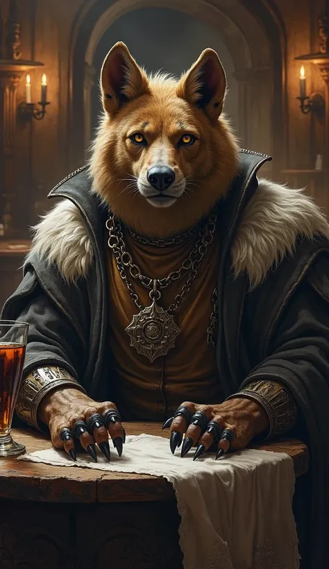 Character A tall male gnoll with brown fur and a hyena muzzle, short ears, golden eyes, lying fur, clawed furry paws instead of hands, dark-colored aristocratic clothing with sleeves, no armor and no jewelry. Sitting at a table in a tavern with dark lighti...