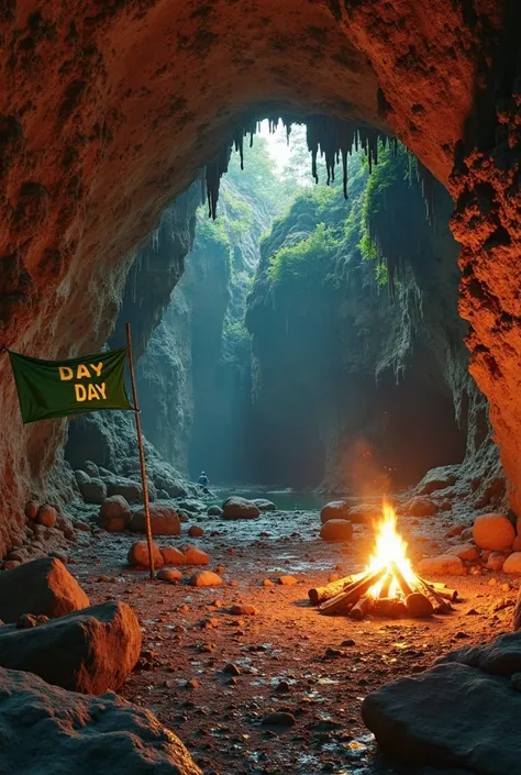 Aesthetic portraits seem close to rather serene , A View Inside the Big Cave, focus A large camping rangel and a green flag on display attached to the wall of the cave with text "DAY DAY" and the bonfire of a Goa that is so beautiful and in the cave the ro...