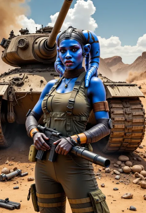 A blue skinned female twi'lek mechanic. repairing a tank, overalls, butch, lip piercing, eyebrow piercing, desert war zone