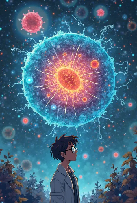 create me a poster explaining a new scientific discovery related to cells. showing a cell and a scientist in the image in an anime drawing