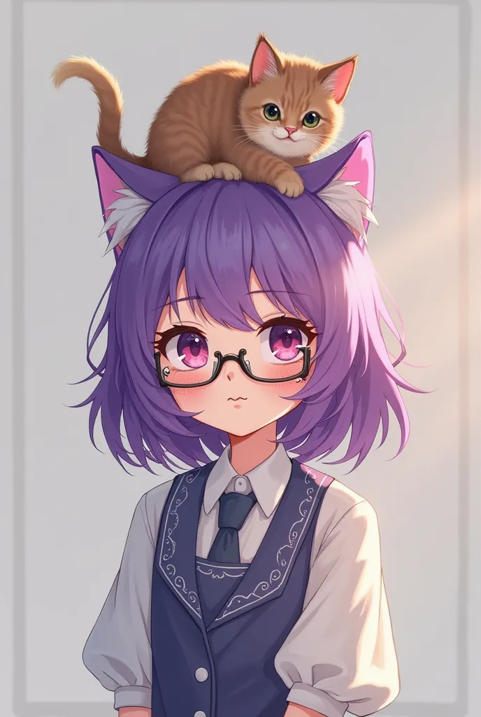 A girl with purple hair with purple and pink eyes wears glasses with a brown cat on top and wears human Korean school clothes