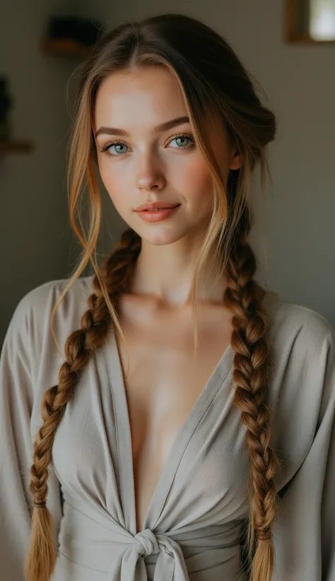 Beautiful sweet girl in full-length clothes, braided hair,  beautiful hairstyle , beautiful detailed face, neat chin, beautiful sea blue eyes,  smile,  slim figure, your natural body, seductive look, high definition, best quality, Highly detailed, Very det...