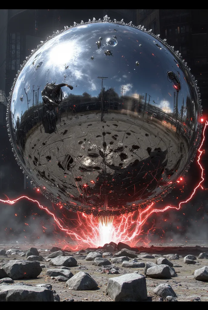 Highest Image、The giant silver ball of a pachinko ball、A silver ball that shines brightly、Collision to the ground and explodes、Red Lightning、thunder、 FFXIII-2 、 impact 、explosion background、background explosion