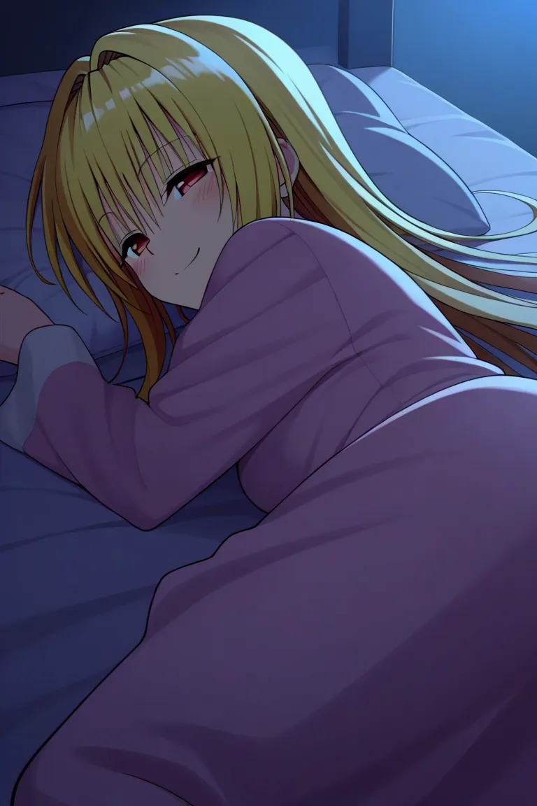   1 girl, One,   long hair , has yellow hair,   smile,  eyes half open, looks with half-closed eyes,   closed mouth, сильно уставшие face, wants to sleep, blushes, уставшие face, face,  love-ru  , yami tips,  1girl,  red eyes,  ,   Masterpiece  ,  High qua...