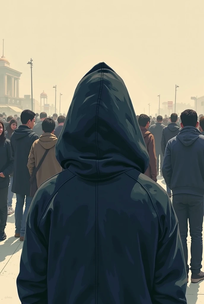 A realistic and minimalist illustration of a hooded  looking at the crowd of people around him(from his backside view)