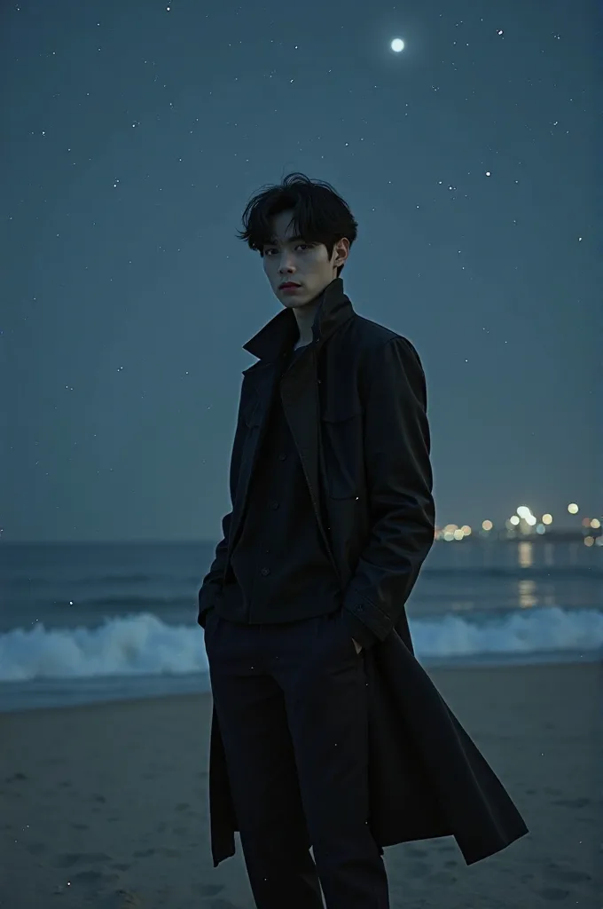 standing on the beach at night, inspired by Kun Can, low quality footage, jungkook, Cai Xukun, from 8 k matte, some background blur, Inspired by Bian Shoumin, he is wearing a black trenchcoat, grainy low quality, very very low quality picture, Inspired by ...