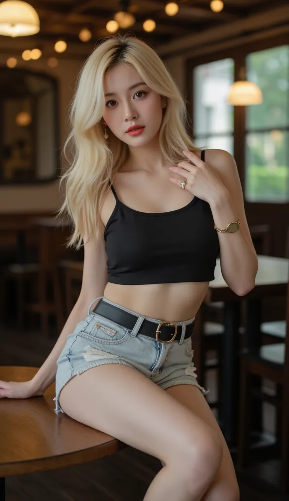 full body portrait, a blonde girl, big breasts, red lipstick, earrings, necklace, ring, bracelet, short sleeve mini crop top, ripped short jeans, belt, in a cafe