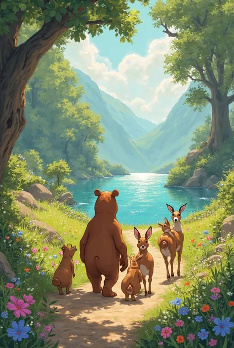 Journey to the Lake**

Baloo is taking the s to the lake. Along the way they meet different animals, such as rabbits and deer, that welcome them. Chunks and flowers are happily playing.