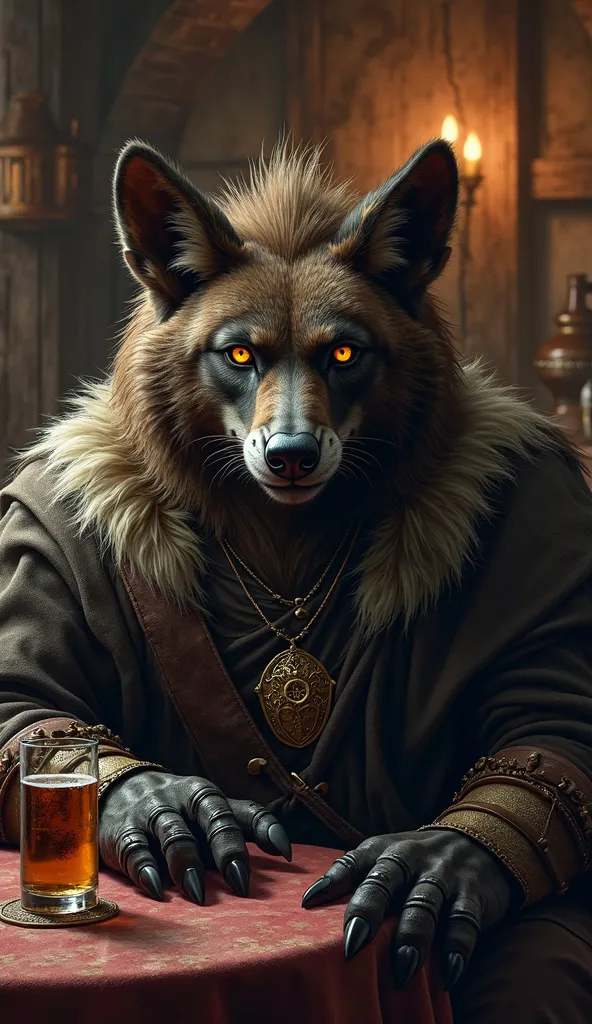 Character A tall male gnoll with dark brown fur and a hyena's head, short ears, golden eyes, lying fur, claws instead of nails, dark-colored aristocratic clothing with sleeves, no armor and no jewelry. Sitting at a table in a tavern with dark lighting. Fan...