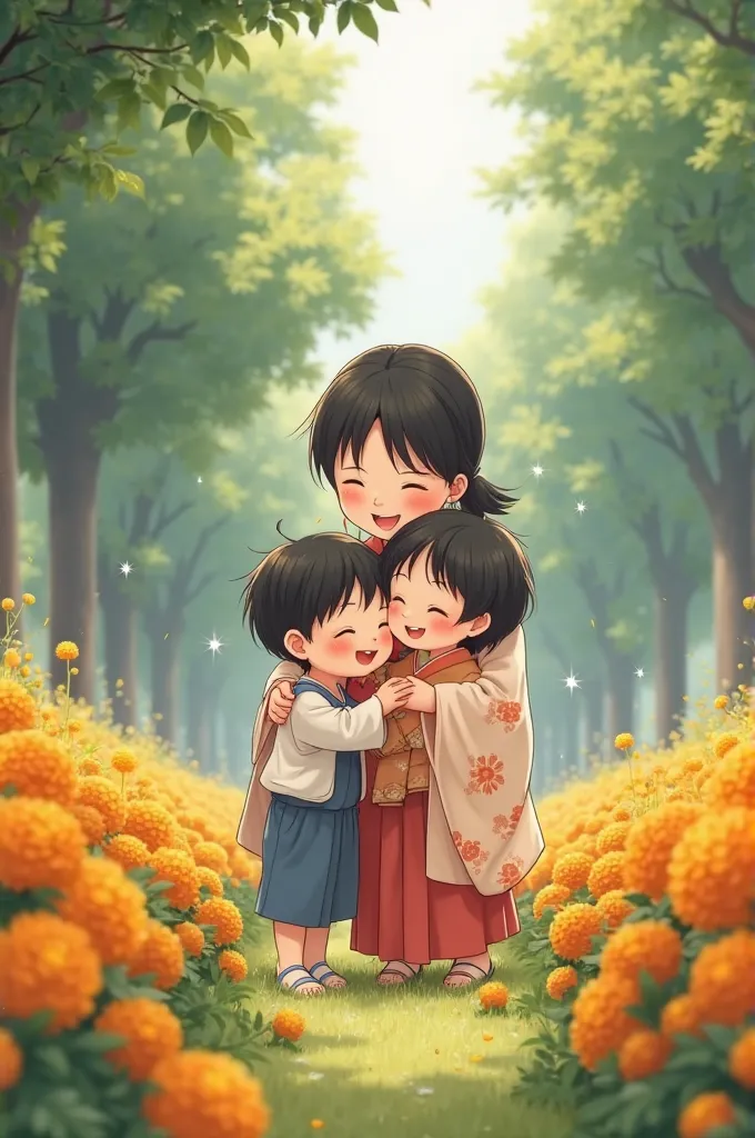 A baby boy   and  girl playing with their mother in garden full of marigold 
Make anime video . They should have black hair all are very happy