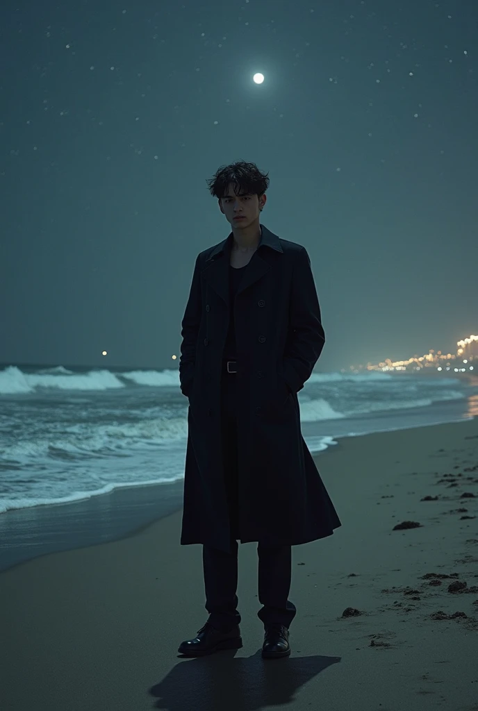 standing on the beach at night, inspired by Kun Can, low quality footage, jungkook, Cai Xukun, from 8 k matte, some background blur, Inspired by Bian Shoumin, he is wearing a black trenchcoat, grainy low quality, very very low quality picture, Inspired by ...