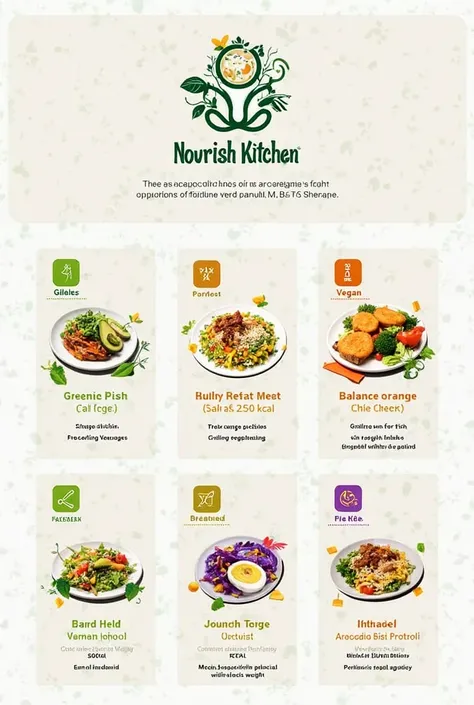 الخريطة الذهنية لـ Nourish Kitchen
Nourish Kitchen Logo

الفروع الرئيسية (Each branch has a distinctive color and image):
1. Burn Menu
Color: is light green 🟢

The image: Green salad with avocado and cucumber.

Information:

Calorie range: 300—350 kcal

Fr...