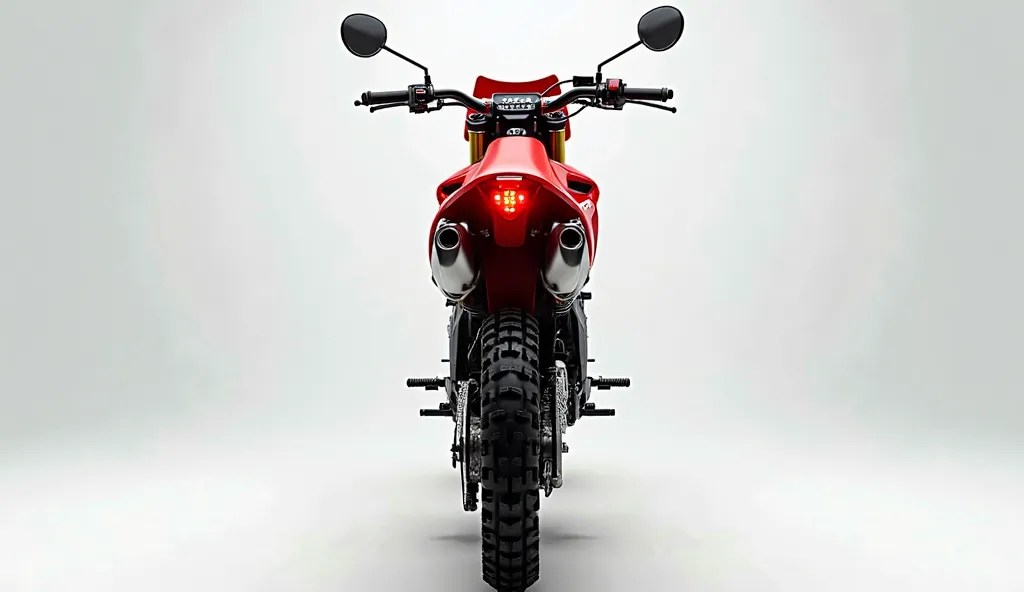 A highly detailed rear view of a modern red ( Kawasaki kx 500 dirt bike) motorcycle,integrated rear lights. The motorcycle is shown in a well-light white studio environment with a smooth gradient background, emphasizing its sharp design and premium finish....