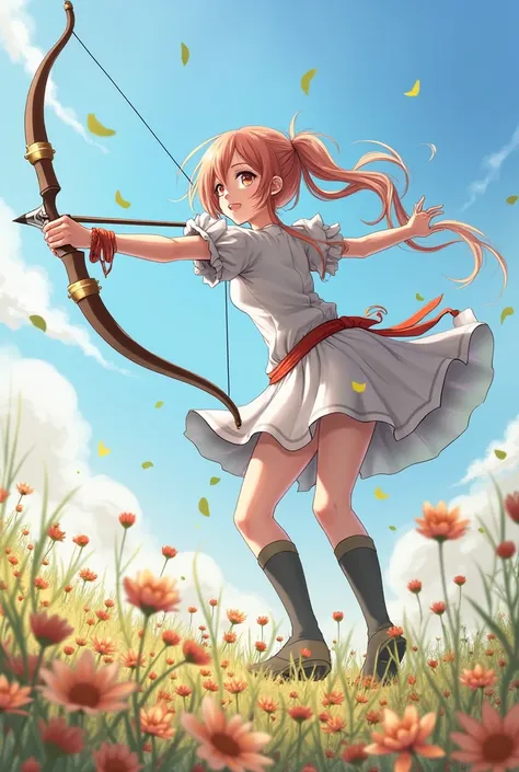 anime girl Bow and Arrowで in field of flowers,  Shitao  , Pixiv, fantasy art depicting a dragon, アニメ風女の子 Bow and Arrow, Bow and Arrowで, Wield a bow, Bow and Arrow, female action anime girl, Female Archer,   ribbon and arrow with bow and arrow  ,   high qua...