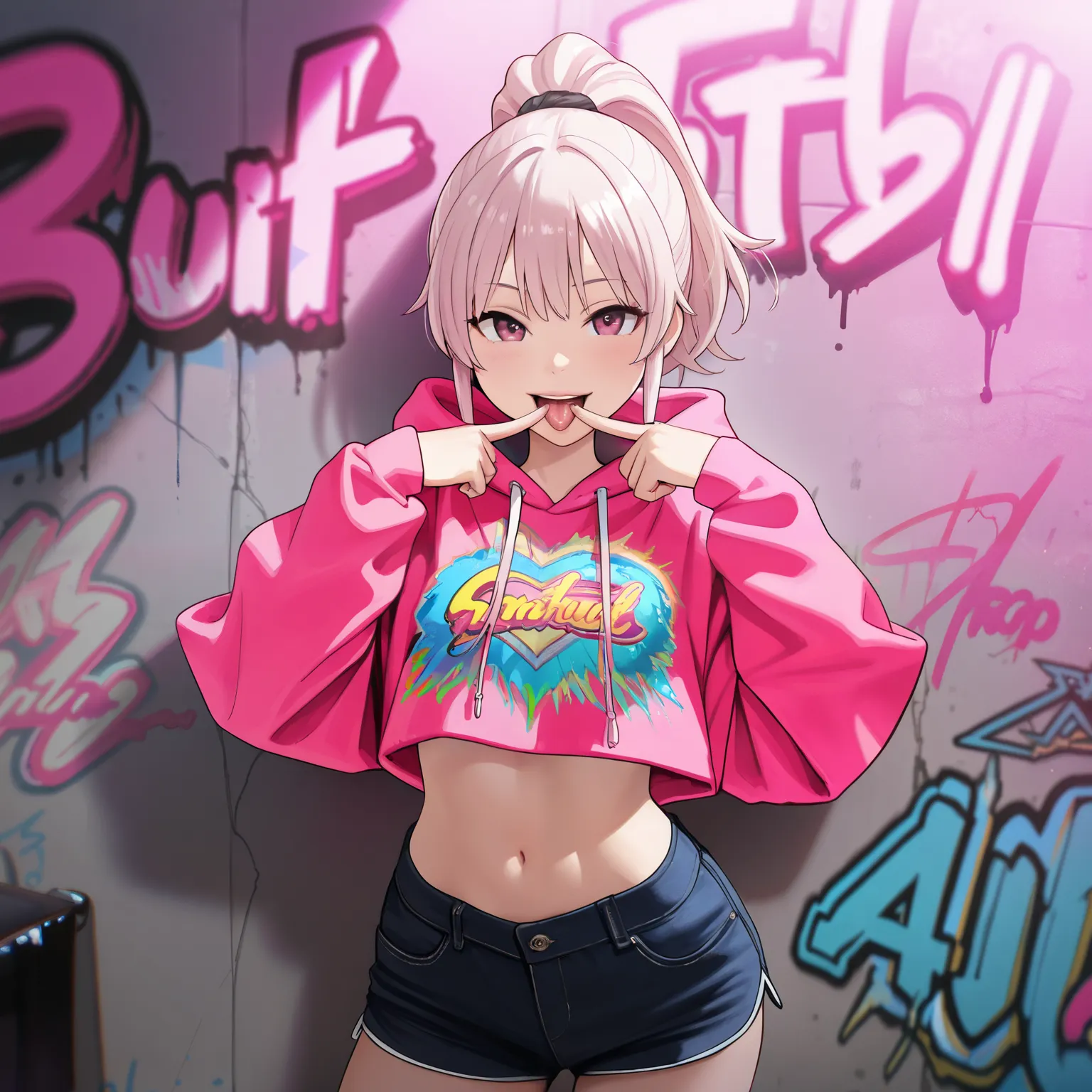 one young schoolgirl  , Hip Hop Girl  ,  Attractive Body,  smile,  open your kiss partner's mouth wide , is sticking out his tongue, (  platinum pink hair ), ( ponytail),   hip hop fashion  ,   colorful hoodie,  cropped top , Sexy hot pants,   Sexy Body , ...