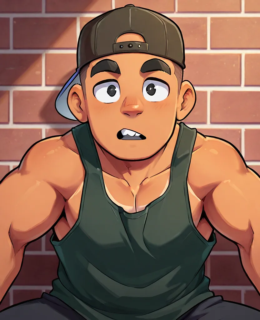 male fighter character, 1boy, big body, tan skin, undercut black hair, backwards hat, dark green tank top, thick eyebrows, grins, buck teeth, leaning against a khaki colored brick wall, swole pec, bottom view, front torso focus