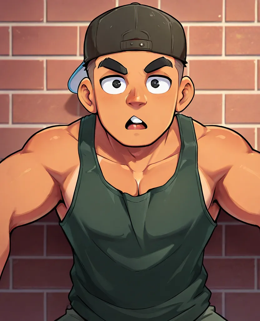 male fighter character, 1boy, big body, tan skin, undercut black hair, backwards hat, dark green tank top, thick eyebrows, grins, buck teeth, leaning against a khaki colored brick wall, swole pec, bottom view, front torso focus