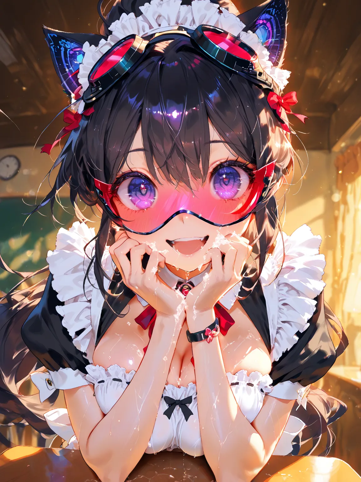  1girl , (Cat ears、wear gold-decorated goggles over her head, Highly realistic, glossy three-dimensional and reflective ornaments,beautiful:1.42), from below, cowboy shot, Knee, only, Hands Between Legs,  very cute face,  maid costume, cute girl, Alone,  s...