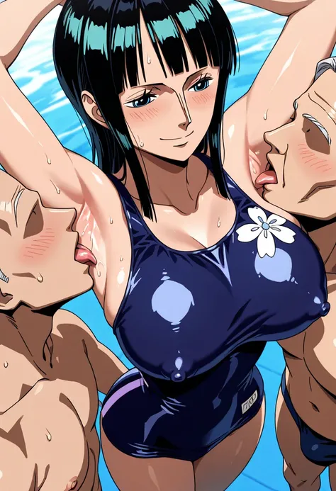  Nico Robin, 1girl ,mature,long hair,bangs,blunt bangs,short hair,motion line、anime coloring、1koma、Big Tits、mature female、masterpiece、high quality、HD、 pretty finger、detailed faces、In the indoor pool、navy onepiece swimsuit、erect nipples、arms up、standing、blu...