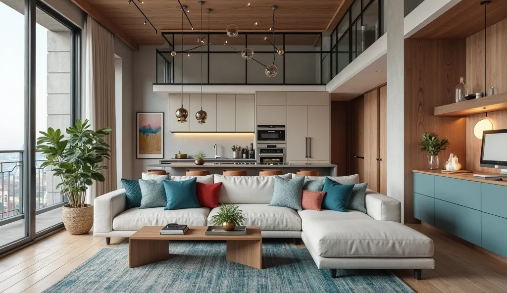 This sleek innovative minimalist loft uses high ceilings and open-plan living to create a sense of spaciousness in a tiny apartment. Use a light, deep Sand Dollar, Teal and Navy Blue and Red color palette to create a tranquil retreat. Make it realistic and...