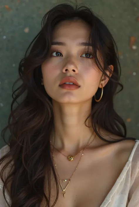 there is a woman with long hair and a necklace on her neck, a picture inspired by Ruth Jên, tumblr, tachisme, profile image, young cute wan asian face, bedroom eyes, mai anh tran, asian face, headshot profile picture, beuatiful face, sexy gaze, cindy aveli...