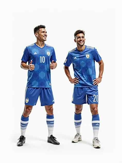  Full body shot of two happy Latina male soccer players of different teams, wearing blue and white soccer uniform, posing, short hair, action posing, photorealistic, sport photo, white background, 8k, HD