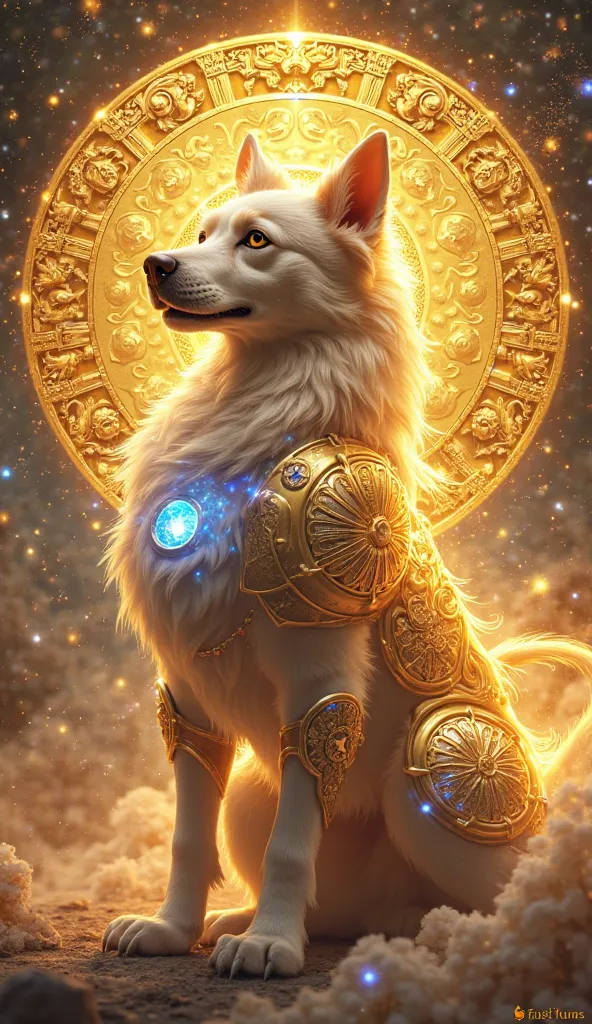 "A majestic celestial dog representing the Dog zodiac (Tuổi Tuất), standing with pride and unwavering loyalty. Its fur shimmers with a radiant golden hue, infused with mystical blue energy, symbolizing wisdom, protection, and courage. The dog is adorned wi...