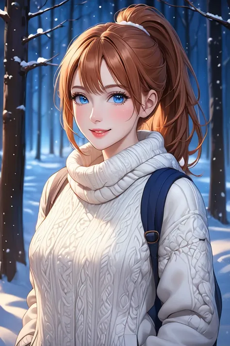 (masterpiece, best quality, 8k, high definition), whole body, 1 woman, white skin, light auburn hair in a ponytail, mid-chest, blue eyes, soft lips, beautiful face, natural light, detailed background, detailed illustration art, wearing winter clothes, in a...