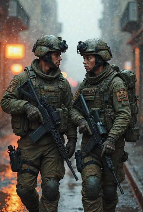 Generate four soldiers who are side by side first soldier has pump with him brightson has 1, 69 second operator meter 75 something with veil third operator has meter 60 stands with pump fourth operator woman Jennifer all about call of duty cool scenery I w...