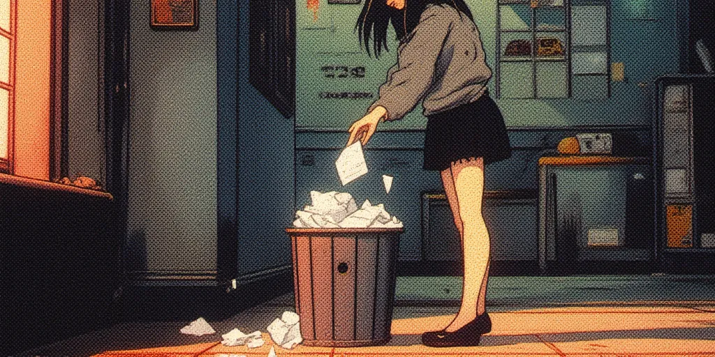 Create 90s retro anime-style image, Shot of crumpled paper in a wastebasket as 1girl with long black hair and a fringe, pale skin, delicate, dark unreadable eyes, she is wearing an oversides grey knit sweater, a black pleated skirt, fishnet stockings, mary...