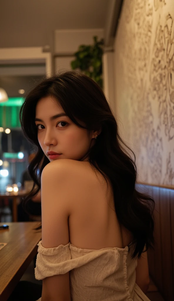 amateur shot, a pov of taking an candid a woman  ,facing backwards no eye contact with camera, againts a  decoration wall in cafe, no blurry, hd quality, she has long black hair with medium curl a butterfly haircut, weariny dress off shoulder, natural face...