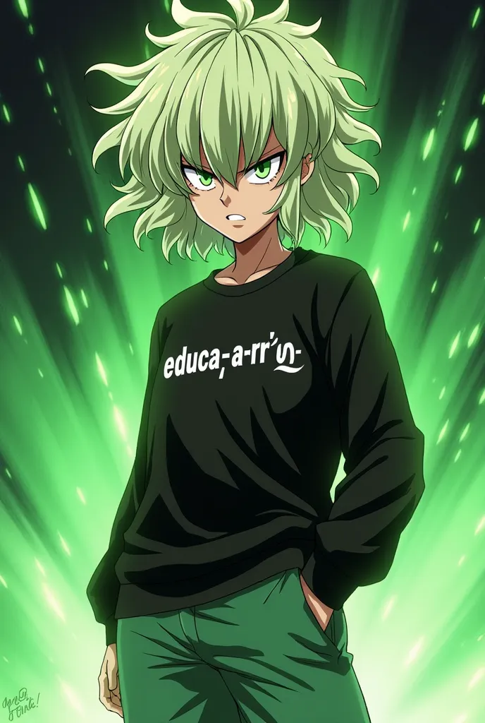 Imagine Tatsumaki from One Punch Man with his wavy hair like air and his straight bangs that reach up to his eyebrows, and his characteristic angry face, wearing a black sweatshirt that has the letters “e-d-u-c-a-r-c-e” in white and green shorts, while rad...