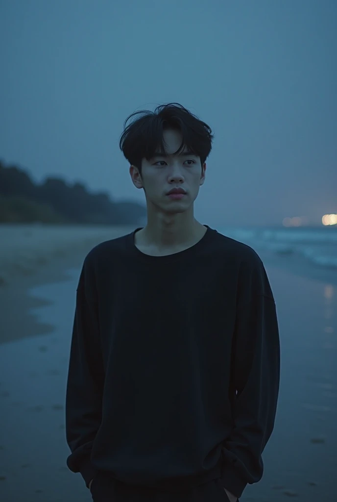 standing on the beach at night, inspired by Kun Can, low quality footage, jungkook, Cai Xukun, from 8 k matte, some background blur, Inspired by Bian Shoumin, he is wearing a black long sleeve shirt, grainy low quality, very very low quality picture, Inspi...