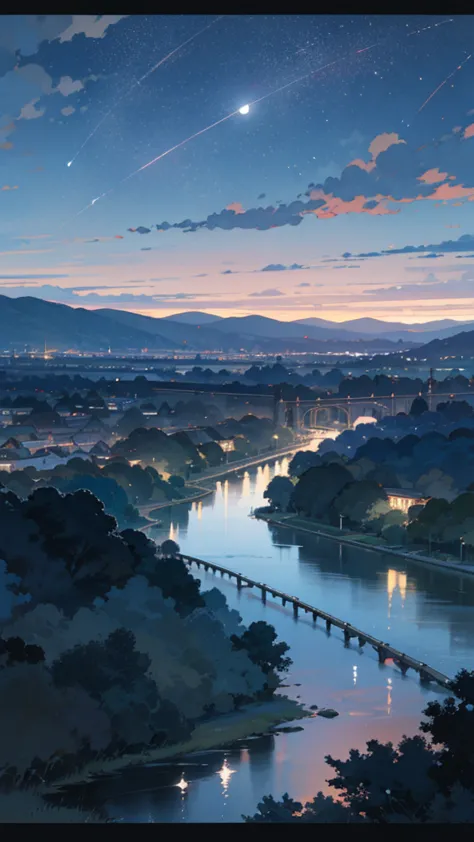 “A gently sloping suburban hill road at night, lined with dimly lit streetlamps. The town stretches out below, its rooftops and streets illuminated by the soft glow of distant city lights. The sky above is a deep indigo, scattered with countless stars. The...