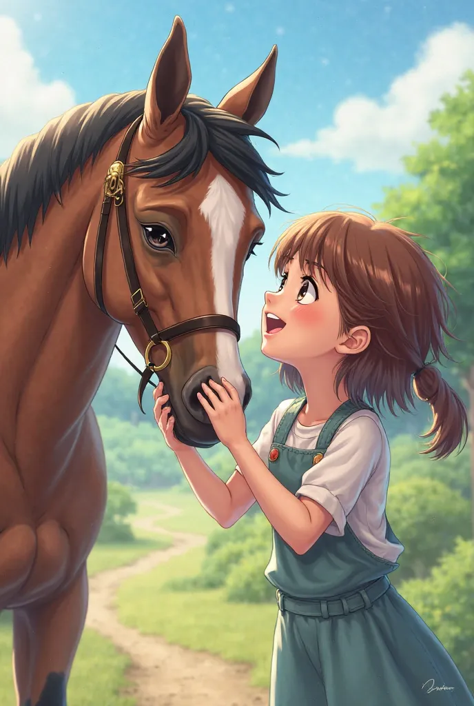 A girl happily strokes her horse. There is another girl standing next to her, This looks angry. 