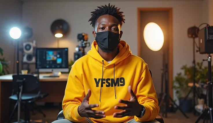 A young African man sitting on a chair in his modern YouTube studio, wearing a yellow hoodie with the text "YFSM9" written on it. He is also wearing a black face mask. He looks straight ahead with a clear and confident expression, using both hands to expla...