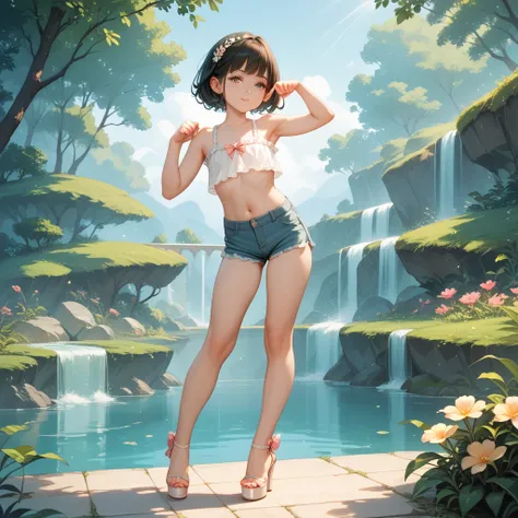 High quality, Face to camera, hands in different directions, T-pose,Full height, beautiful figure, beautiful legs, legs not thin, small feet, lush breasts, young girl in short shorts, on her feet glass high heel shoes, T-pose