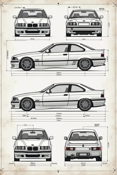 Create me a bmw e36 coupe blueprint with real lengh, width and other measurment, needs to look professional and from different angles