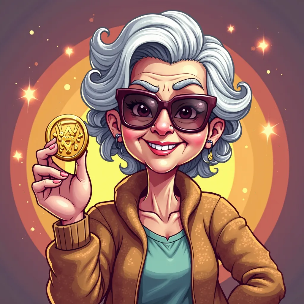 An illustrated cartoon-style grandma with a cool, confident vibe. She wears stylish sunglasses and a cozy cardigan, holding a shiny gold coin between her fingers while giving a playful wink to the camera. The background is vibrant and modern, hinting at th...