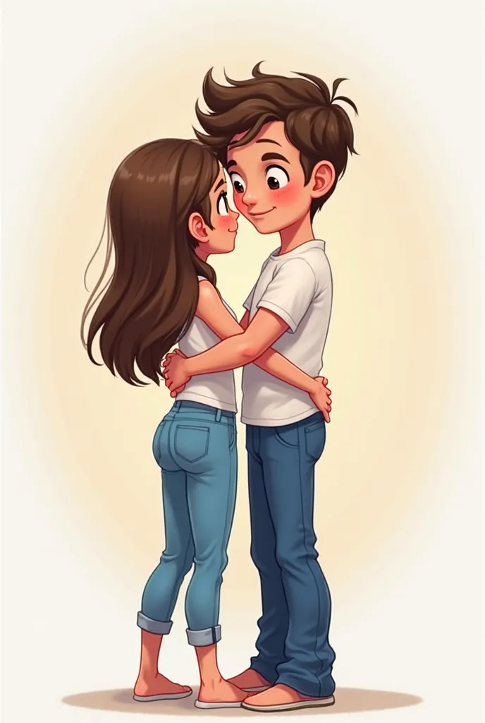 A cartoon scene featuring a girl and a boy. The girl is 5.5 inches tall, slim, lean, and fit, with her back facing the camera. Her hips are slightly up and lifted. She is wearing a white top and blue pants. The boy, standing to her right, is 6 feet tall, m...