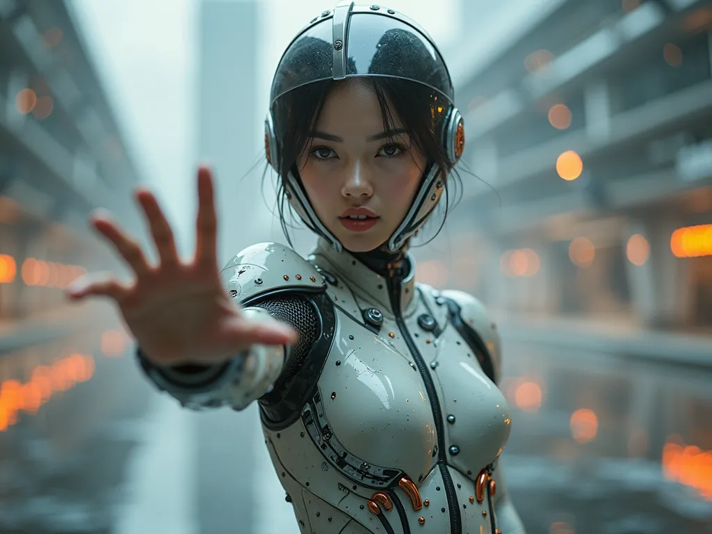 High image quality，Female Model，Sexy，Rescue，mechanical，Futuristic，Real People，Reach out to save people， fair skin