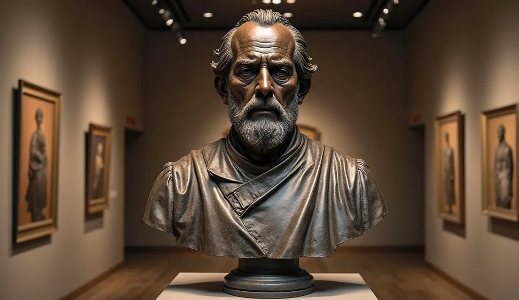 "A sculpted bronze bust of a historical figure, standing in an art gallery, its aged patina adding depth and character to the masterpiece."

